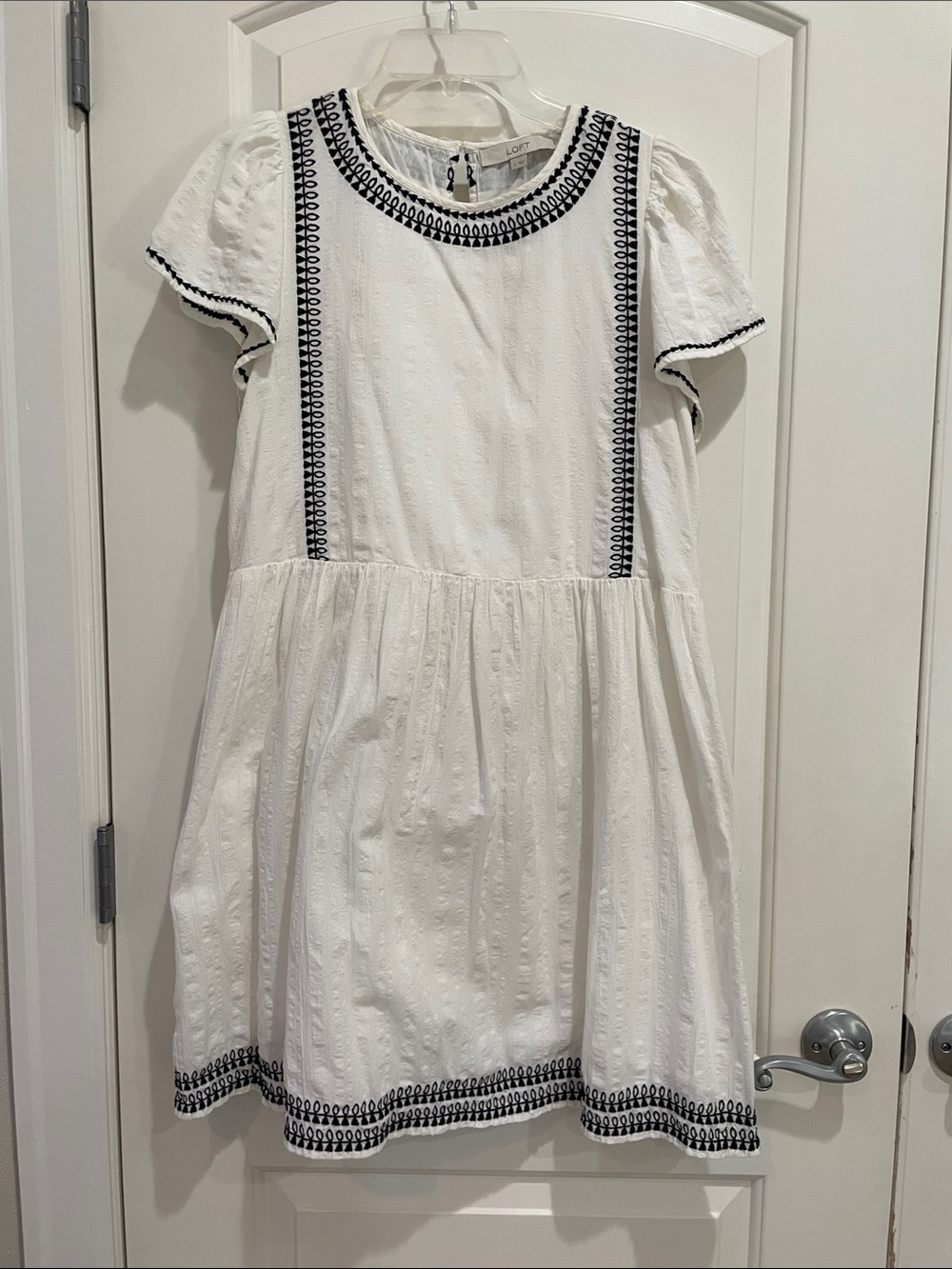 LOFT White Cotton Dress with Black Embroidered Trim